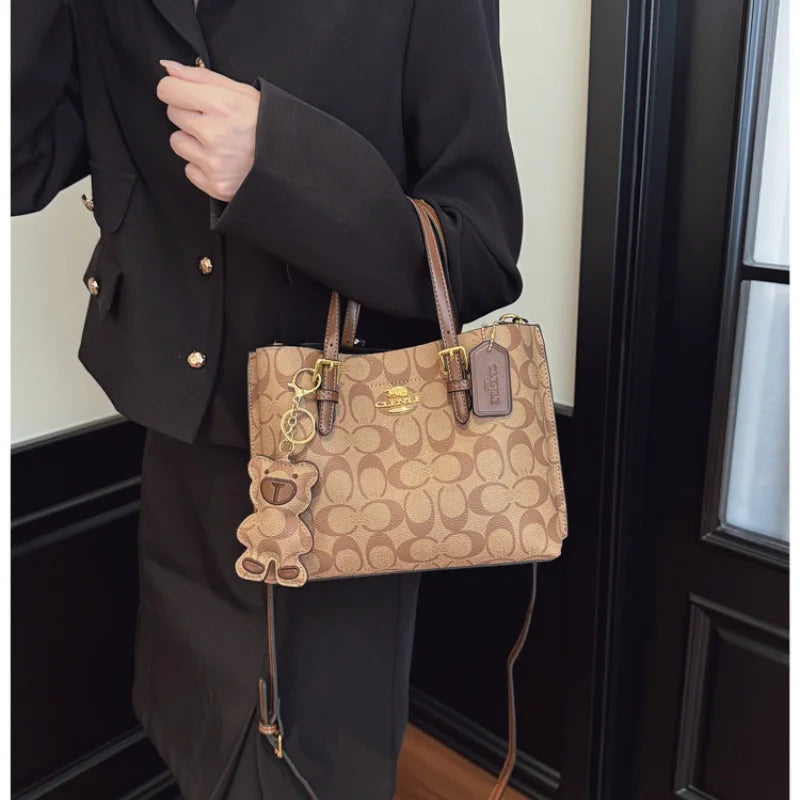 Elegant Monogram Tote Bag | Retro Leather Trim & Detachable Strap