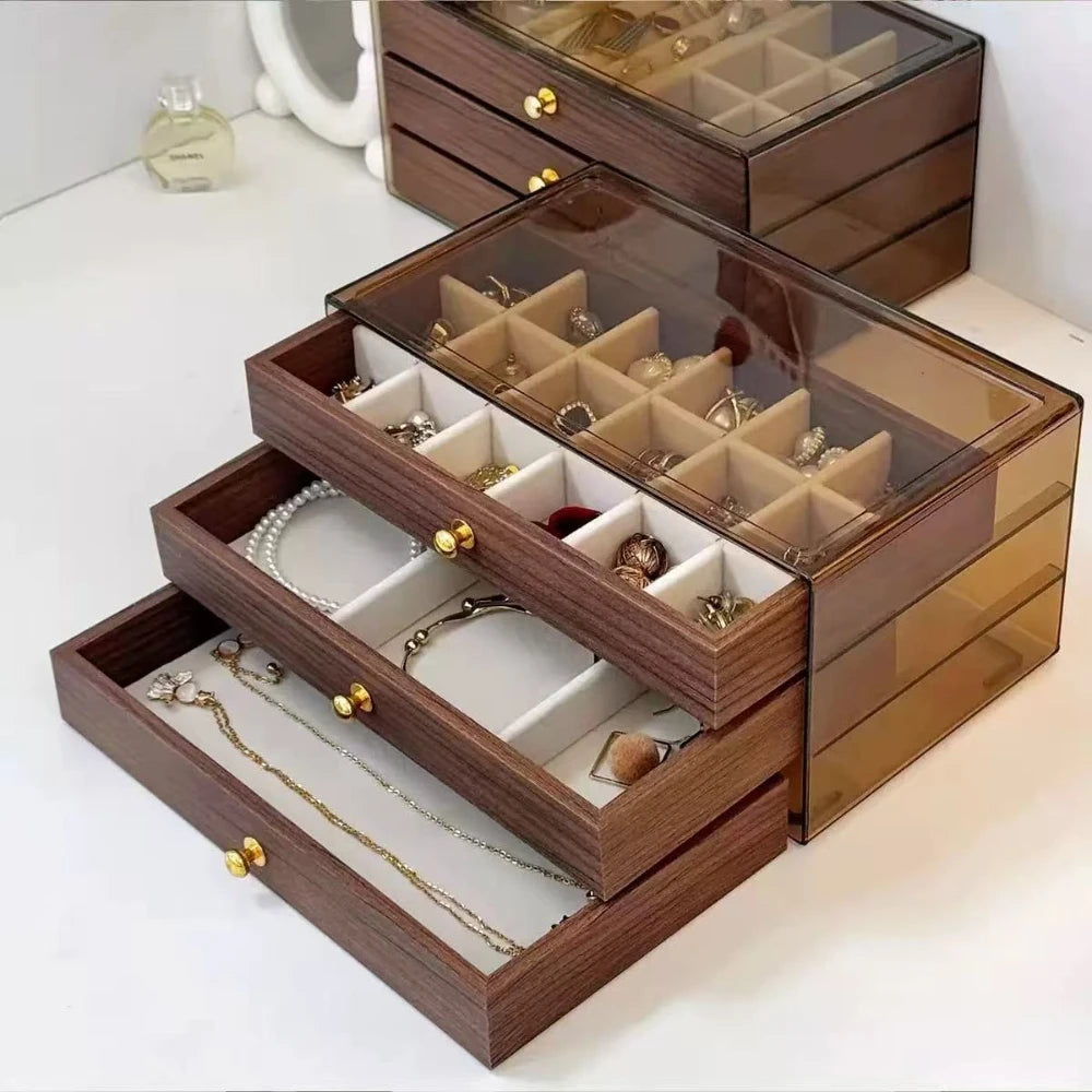 Multi-Layer Wooden Jewellery Box | Transparent Window Storage Case for Rings, Necklaces & Earrings