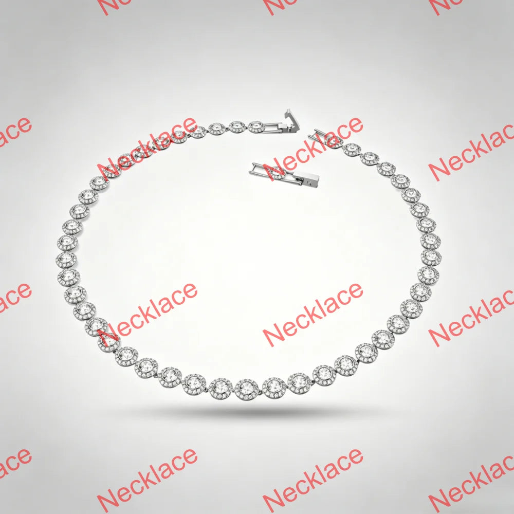 A silver-toned tennis bracelet with round-cut clear stones, displayed in a circular shape on a light gray background with red watermark text.