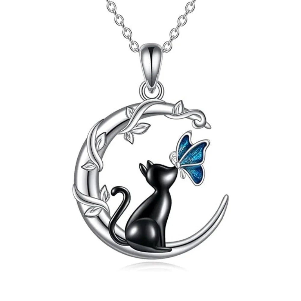 Silver necklace with a cat and butterfly design on a white background