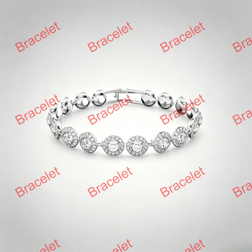 A silver-toned tennis bracelet featuring alternating solid round beads and oval clusters of small clear stones, displayed on a light gray gradient background with red 'Bracelet' watermarks.