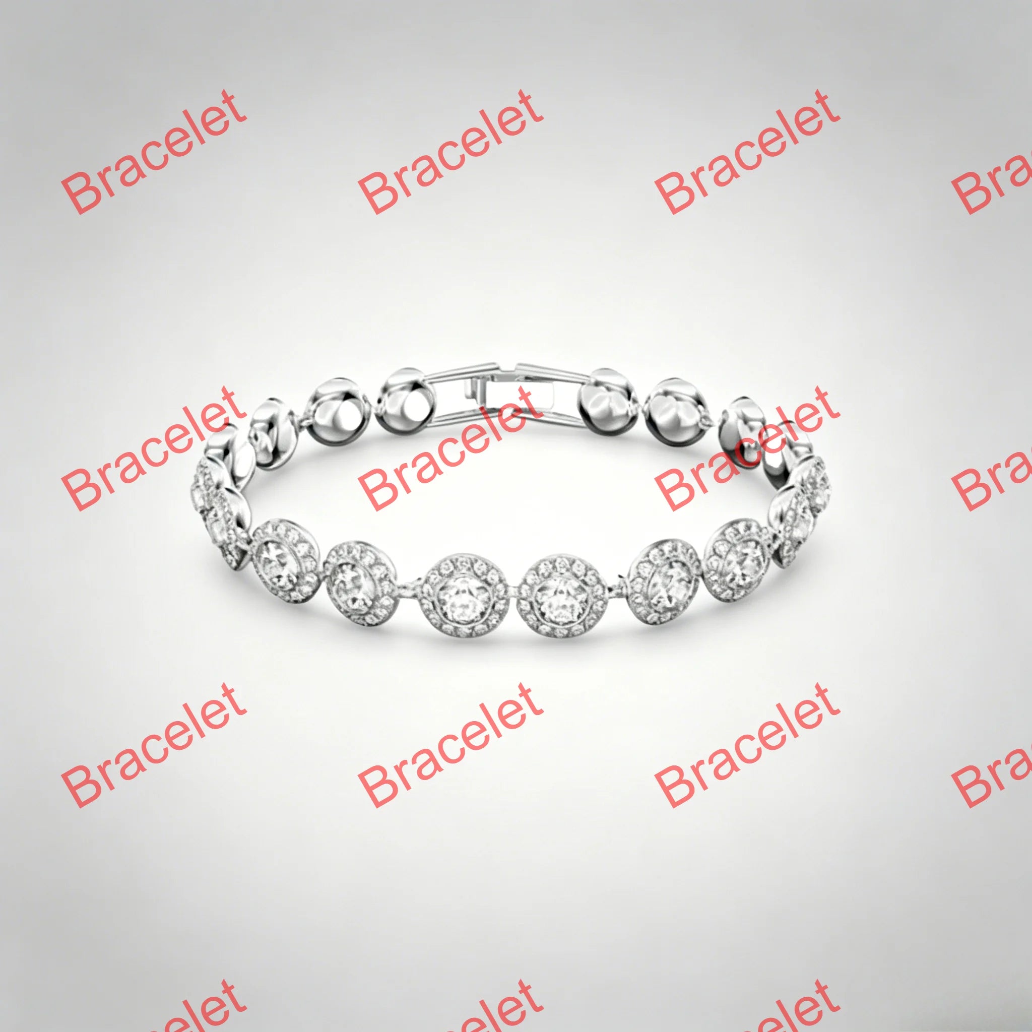 A silver-toned tennis bracelet featuring alternating solid round beads and oval clusters of small clear stones, displayed on a light gray gradient background with red 'Bracelet' watermarks.