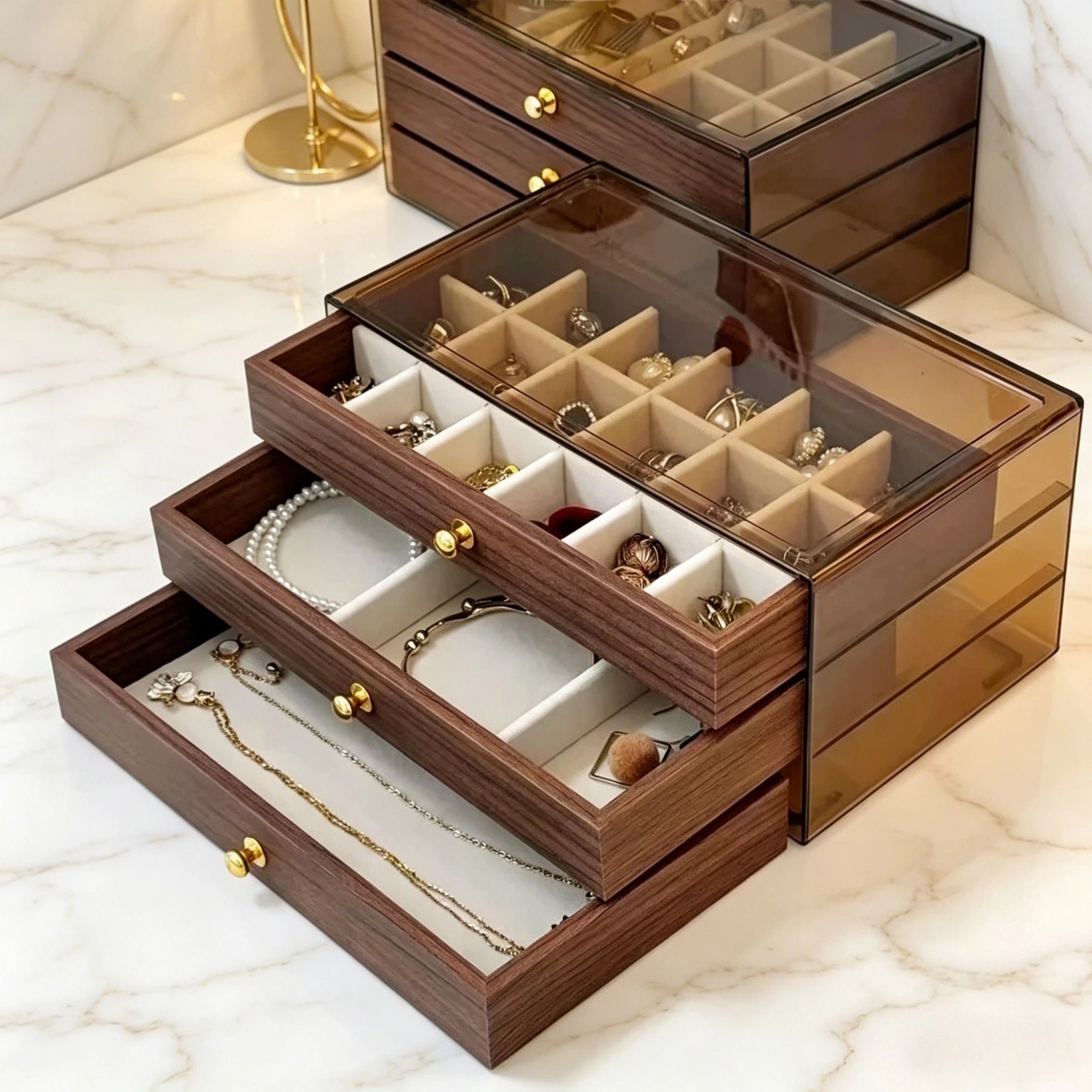 Multi-Layer Wooden Jewellery Box | Transparent Window Storage Case for Rings, Necklaces & Earrings
