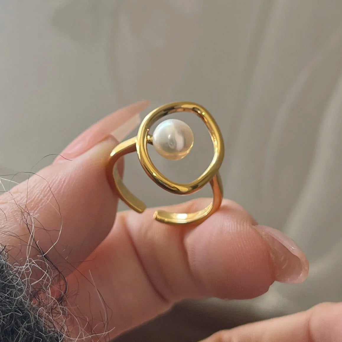 925 Sterling Silver Wide Pearl Open Ring | Vintage Gold Tone | Gift for Women & Men