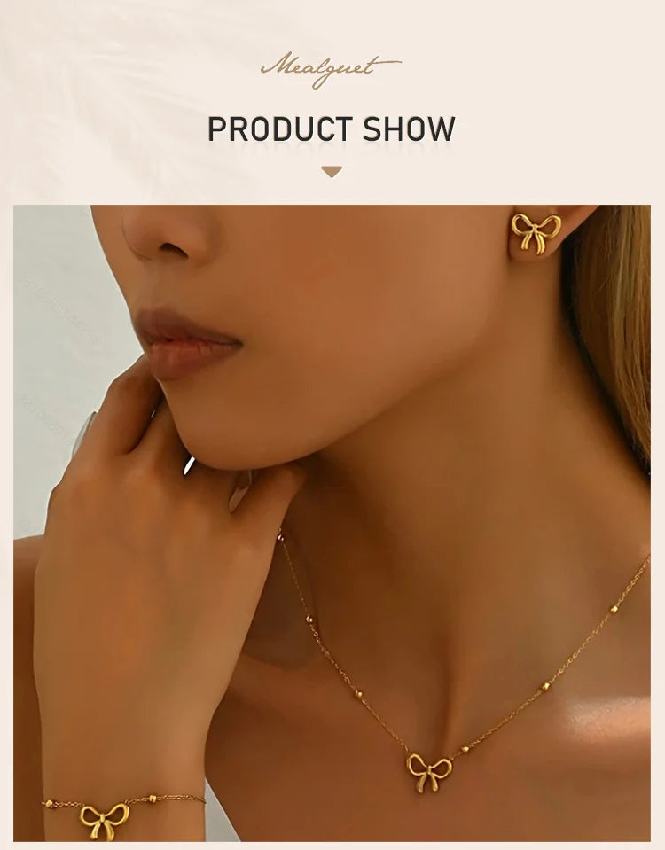 Gold Bowknot Jewelry Set for Women – Necklace, Bracelet & Earrings