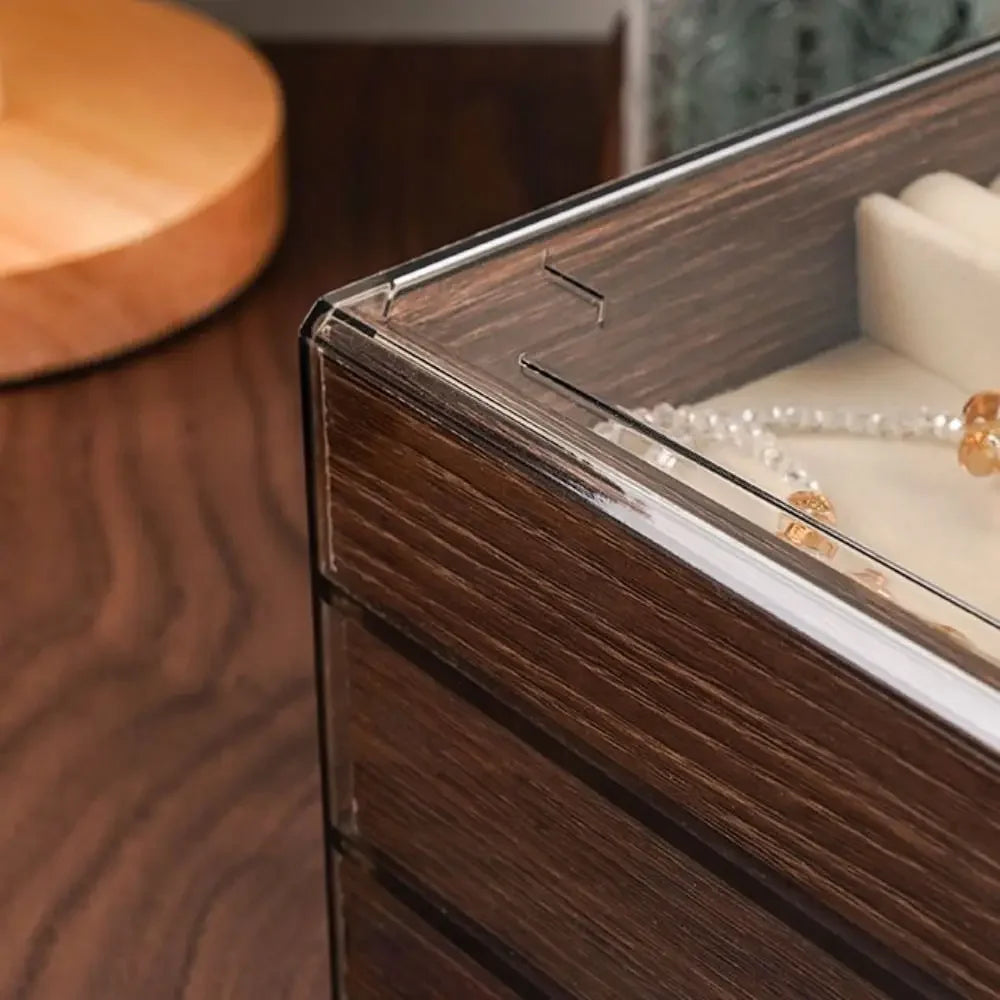 Multi-Layer Wooden Jewellery Box | Transparent Window Storage Case for Rings, Necklaces & Earrings