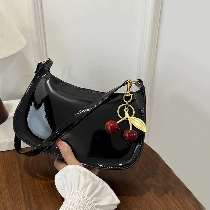 Women's PU Leather Shoulder Bag | Cherry Pendant | Casual Chic Handbag
